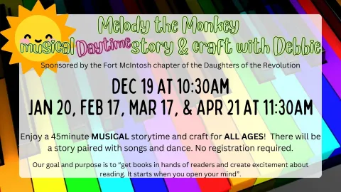 Melody the Monkey musical DAYTIME Storytime with Debbie. At 11:30am. No Registration required.