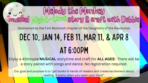 Melody the Monkey musical NIGHTIME Storytime with Debbie. At 6:00pm. No Registration required.