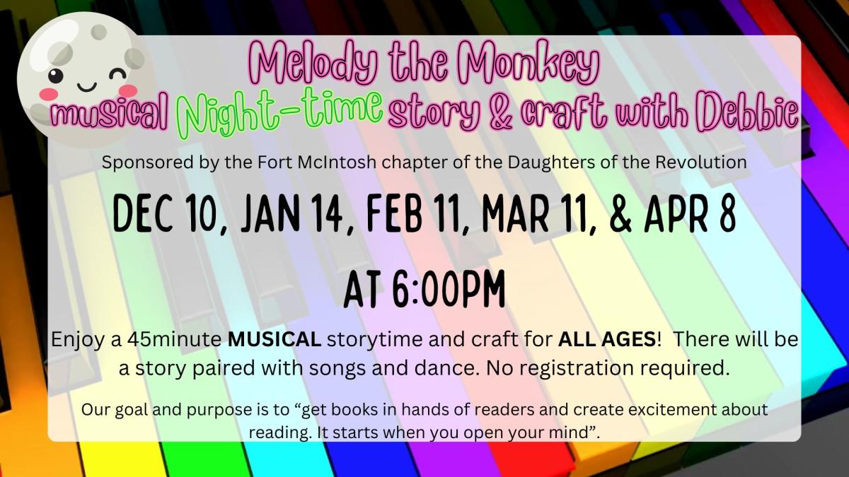 Melody the Monkey musical NIGHTIME Storytime with Debbie. At 6:00pm. No Registration required.