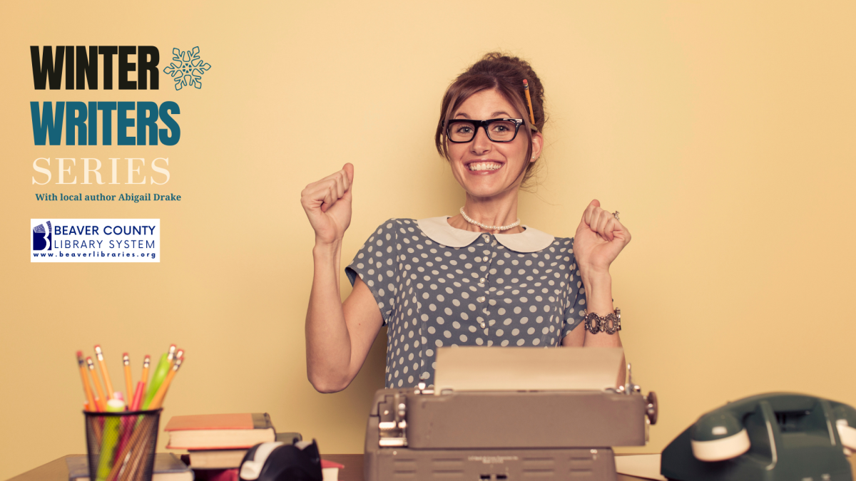 Woman writer happy in front of typewriter.
